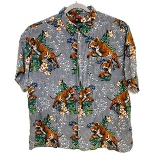 Junction West Shirt‎ Mens 2XL Gray Tiger Hawaiian Aloha Tropical Short Sleeve